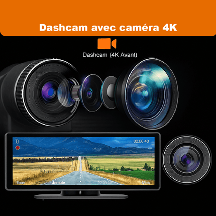 Écran Carplay & Android Auto avec Dashcam Avant 4K & Caméra Arrière