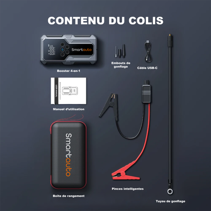 Booster 4-en-1 : Démarreur 1500A + Gonfleur 150 PSI + Powerbank + Lampe