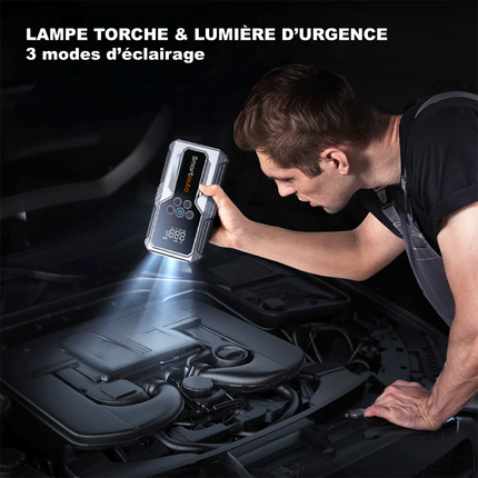 Booster 4-en-1 : Démarreur 1500A + Gonfleur 150 PSI + Powerbank + Lampe