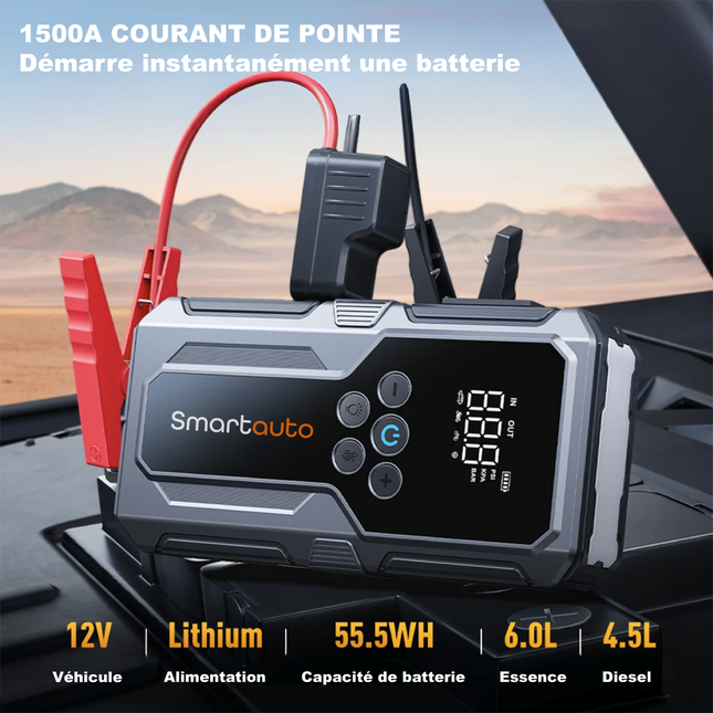 Booster 4-en-1 : Démarreur 1500A + Gonfleur 150 PSI + Powerbank + Lampe